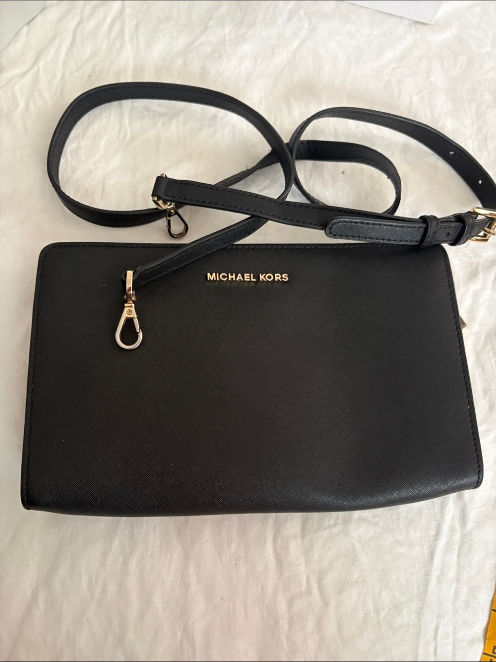 Michael Kors Black Leather Messenger Crossbody with Gold Hardware